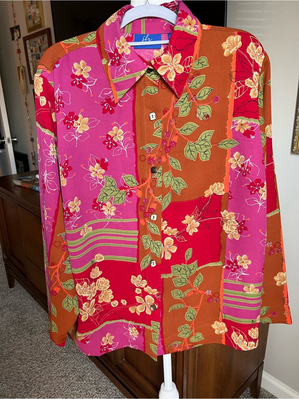 Patchwork Floral Button-Up Blouse in Pink & Orange